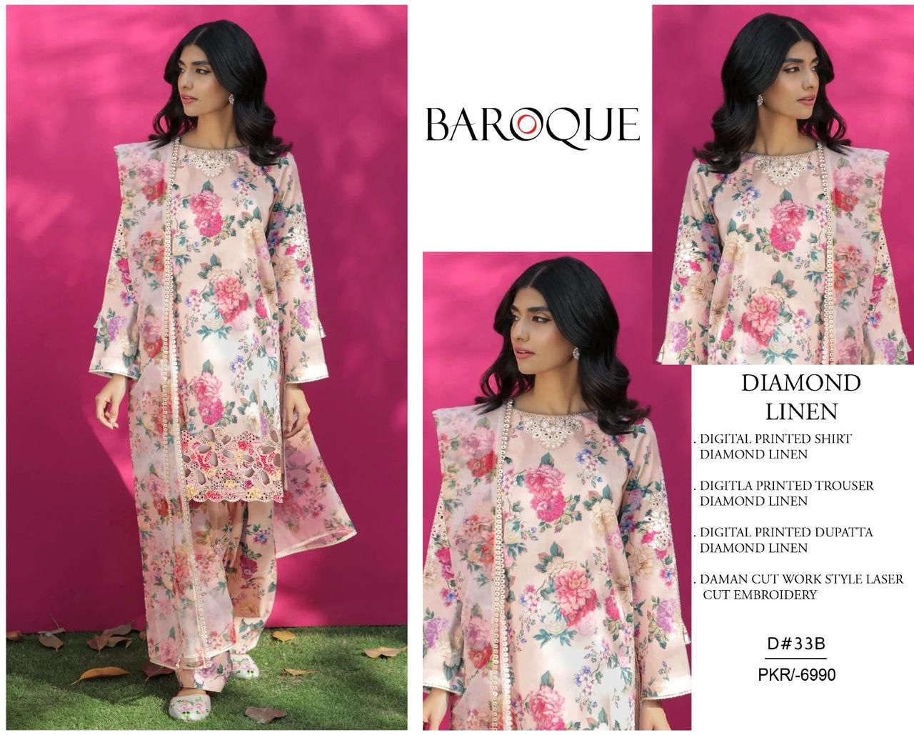 BAROQUE-3PC LINEN  PRINTED SUITE WITH DAMAN APLIK LASERKARI WORK SO31