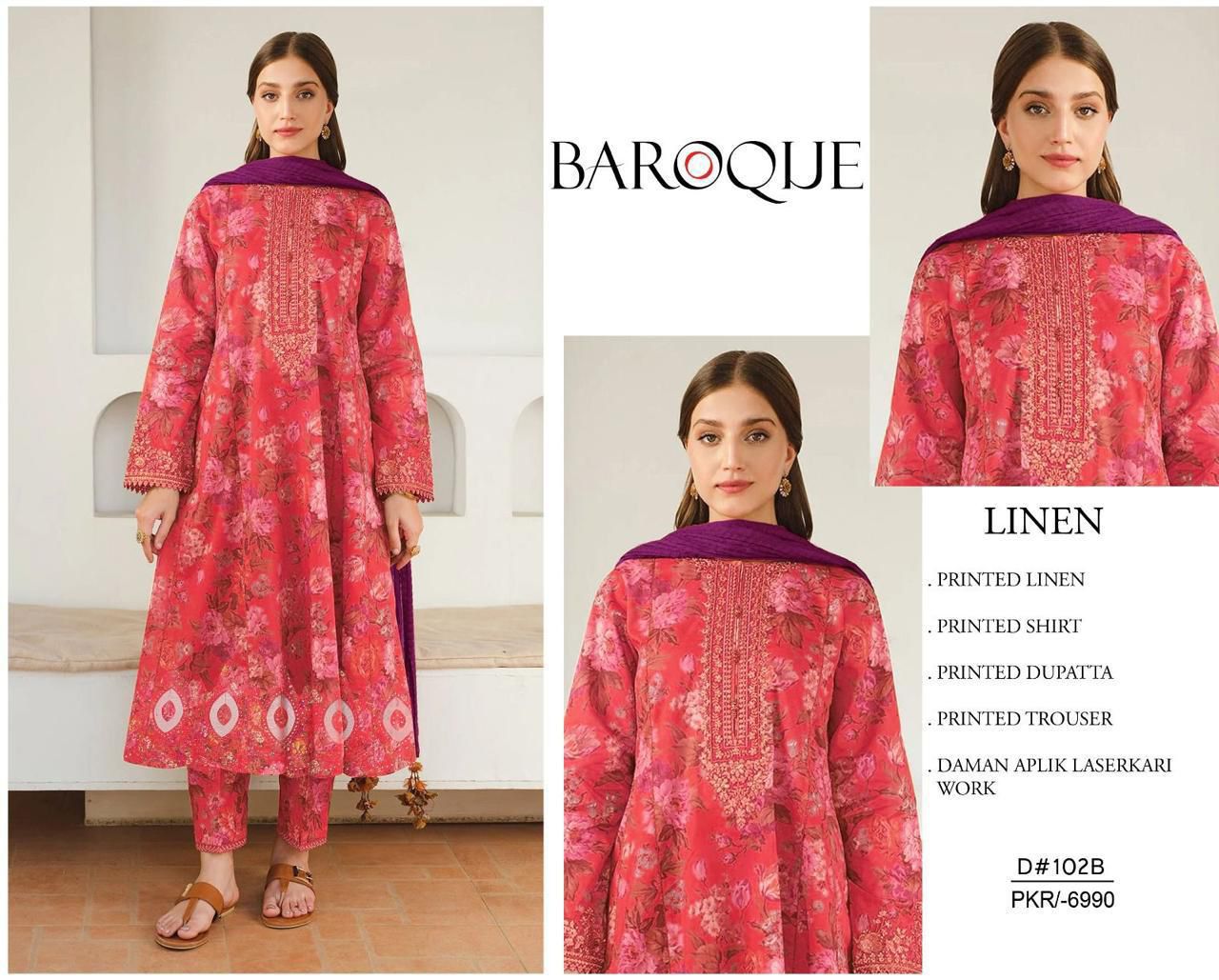 BAROQUE-3PC LINEN  PRINTED SUITE WITH DAMAN APLIK LASERKARI WORK SO22