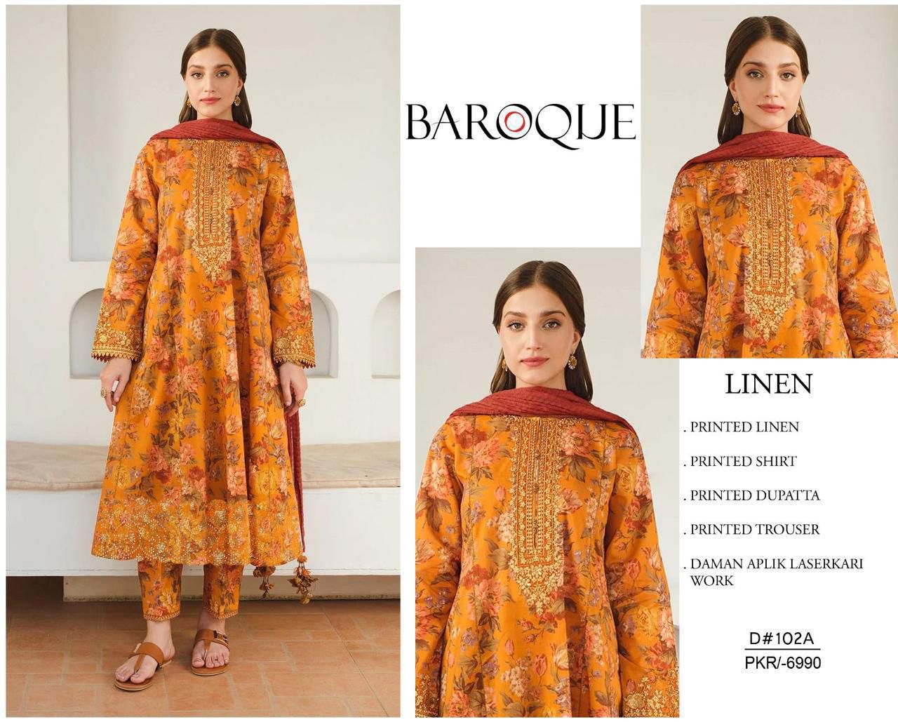 BAROQUE-3PC LINEN  PRINTED SUITE WITH DAMAN APLIK LASERKARI WORK SO23