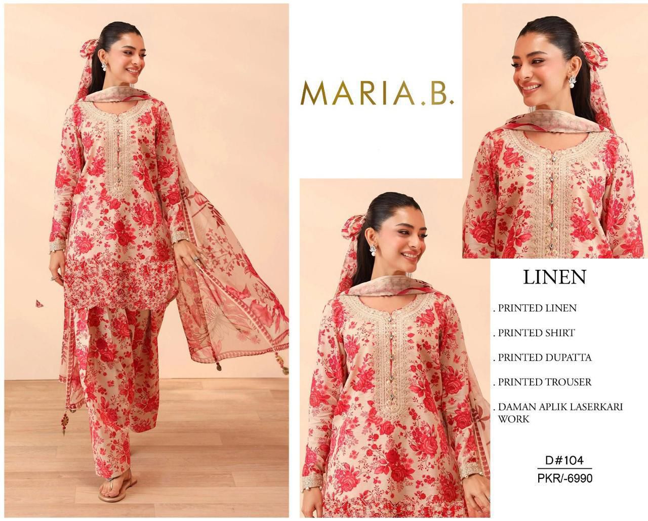 BAROQUE-3PC LINEN  PRINTED SUITE WITH DAMAN APLIK LASERKARI WORK SO24