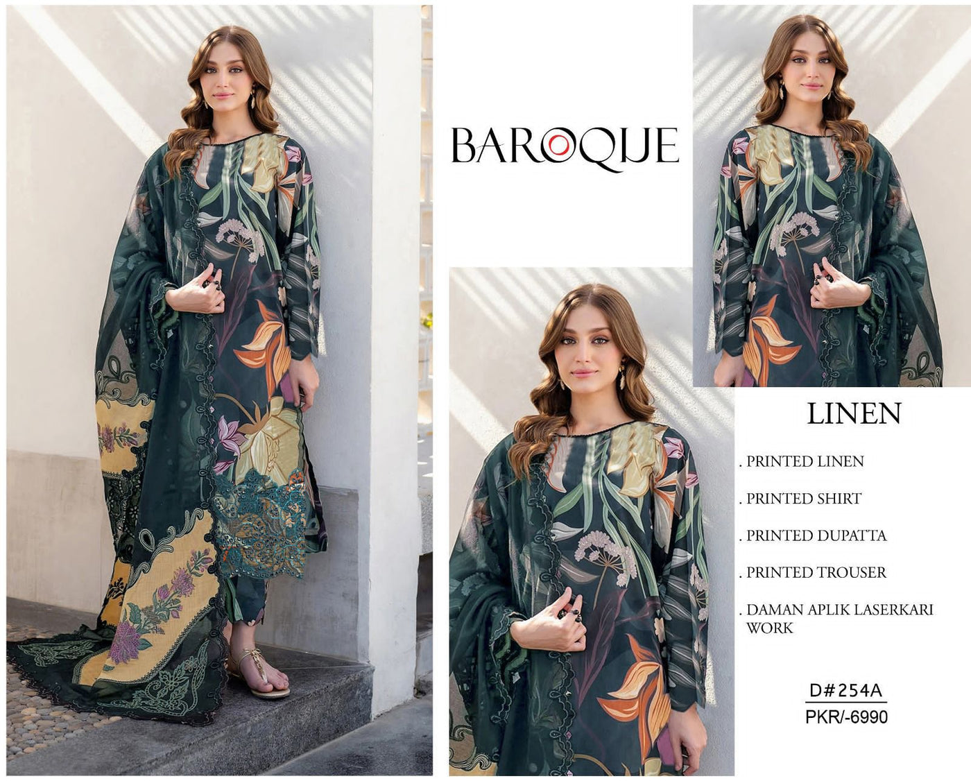 BAROQUE-3PC LINEN  PRINTED SUITE WITH DAMAN APLIK LASERKARI WORK SO25