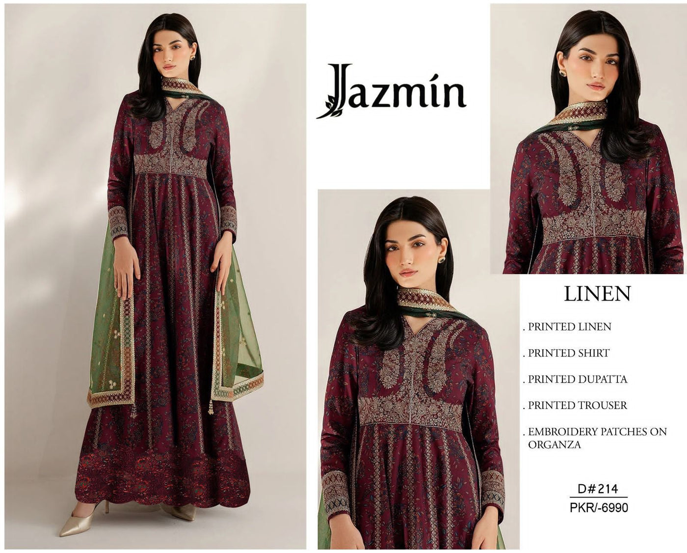 JAZMIN-3PC LINEN  PRINTED SUITE WITH DAMAN APLIK LASERKARI WORK SO26