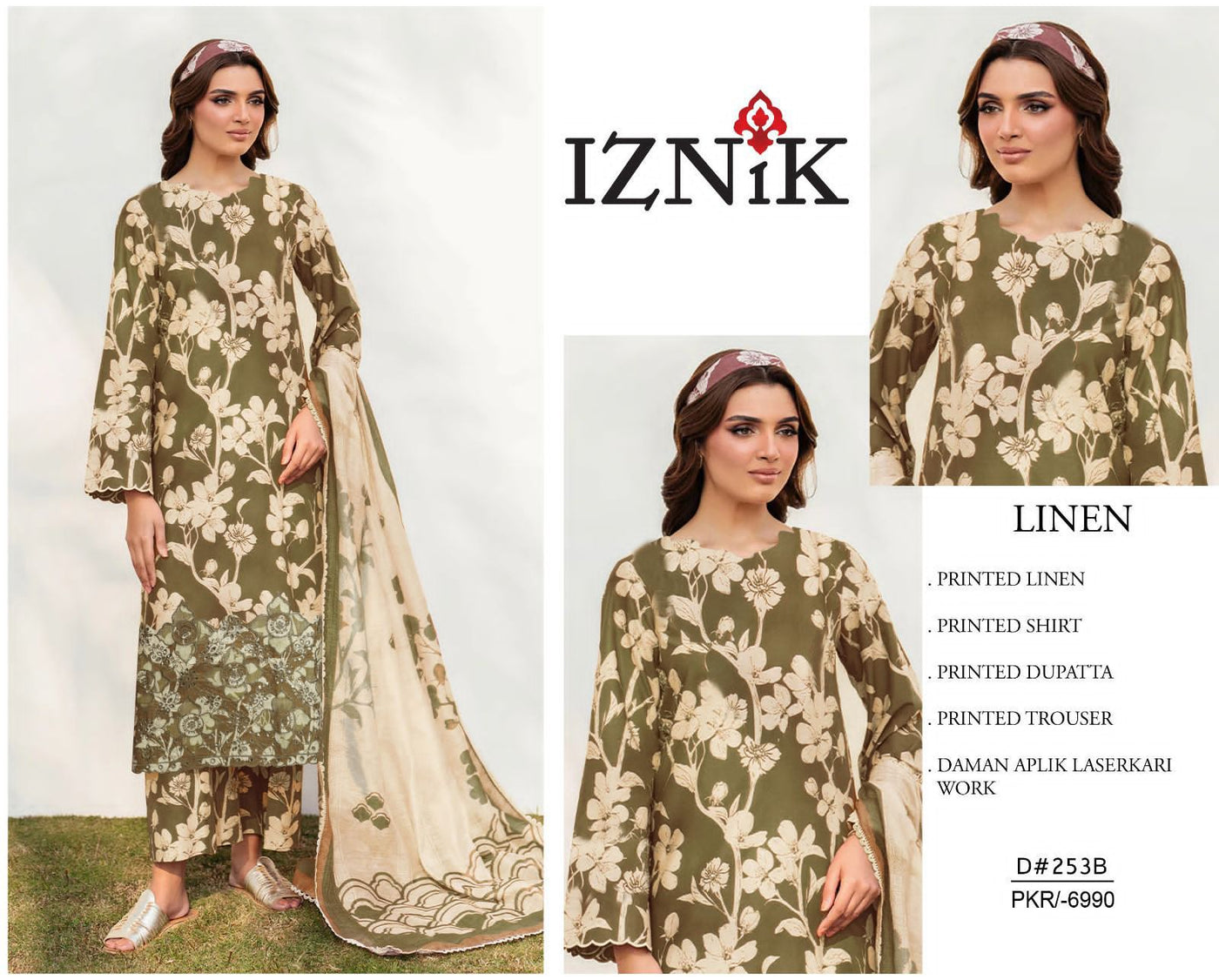 IZNIK-3PC LINEN  PRINTED SUITE WITH DAMAN APLIK LASERKARI WORK SO27