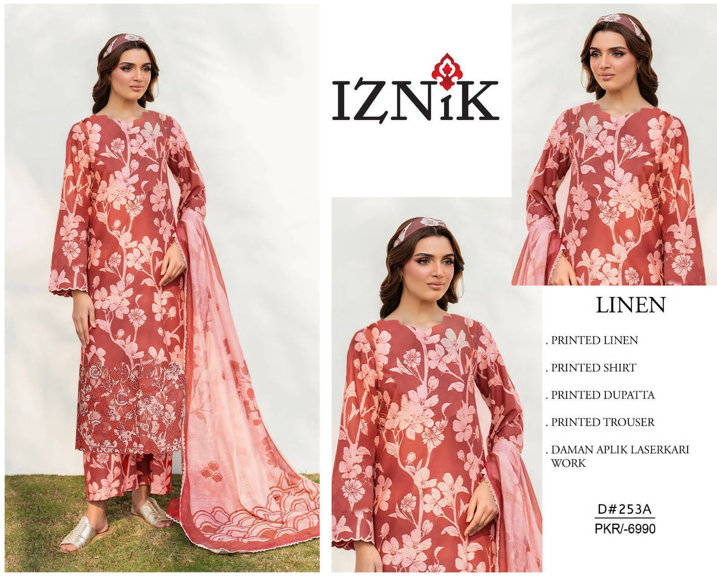 IZNIK-3PC LINEN  PRINTED SUITE WITH DAMAN APLIK LASERKARI WORK SO28