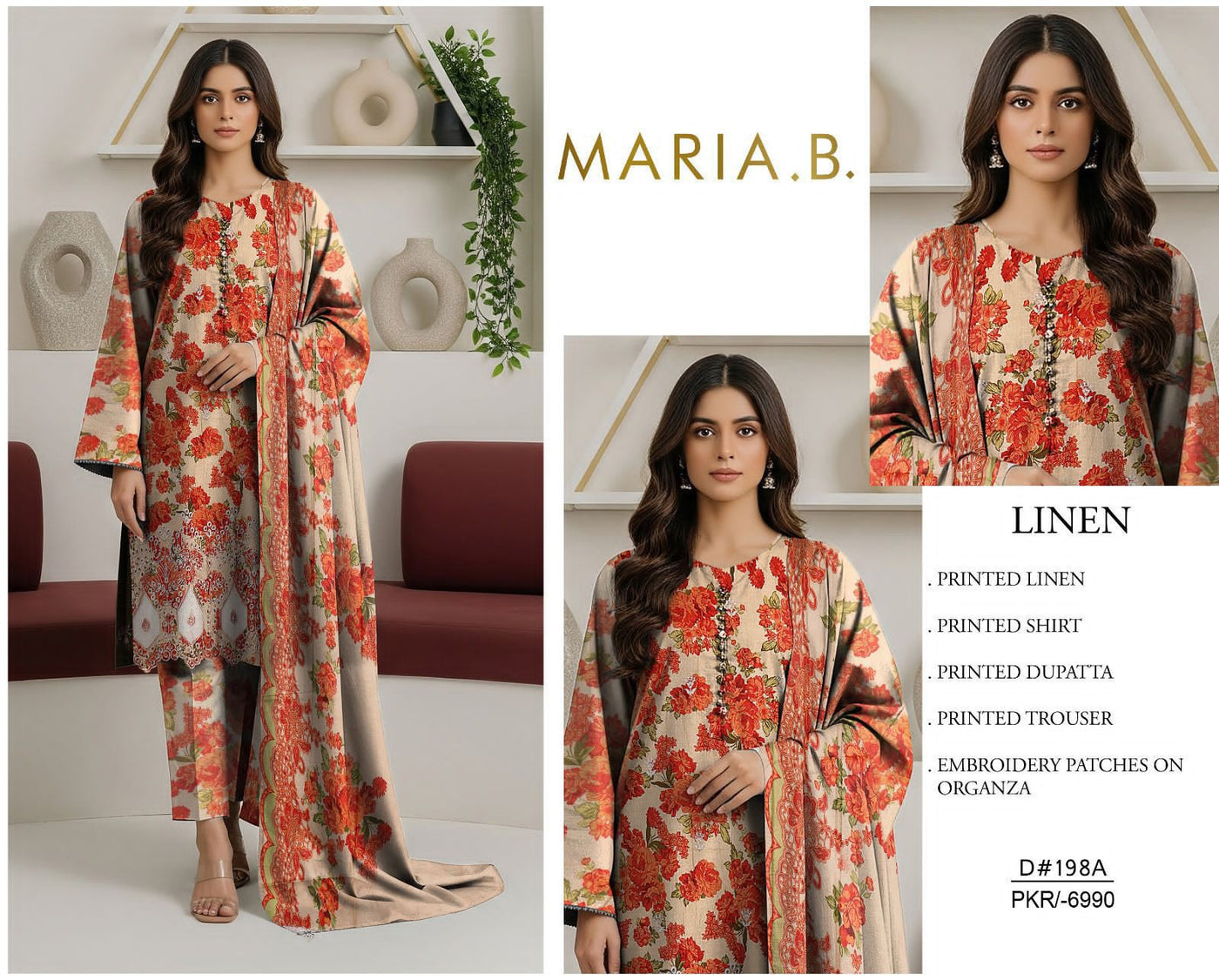 MARIA.B-3PC LINEN  PRINTED SUITE WITH DAMAN APLIK LASERKARI WORK SO29