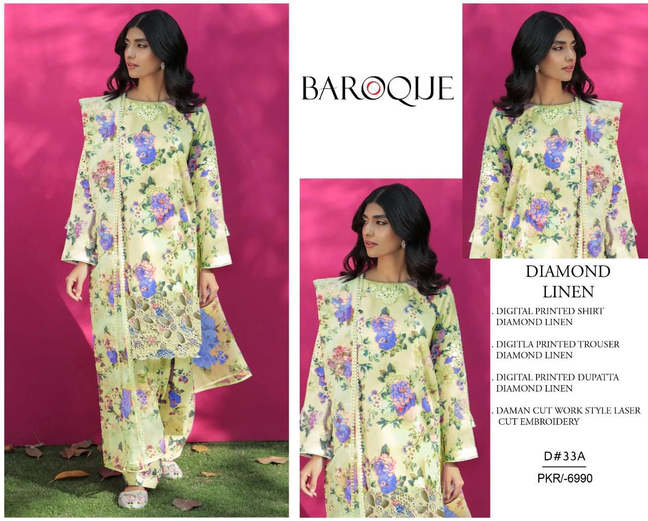BAROQUE-3PC LINEN  PRINTED SUITE WITH DAMAN APLIK LASERKARI WORK SO30